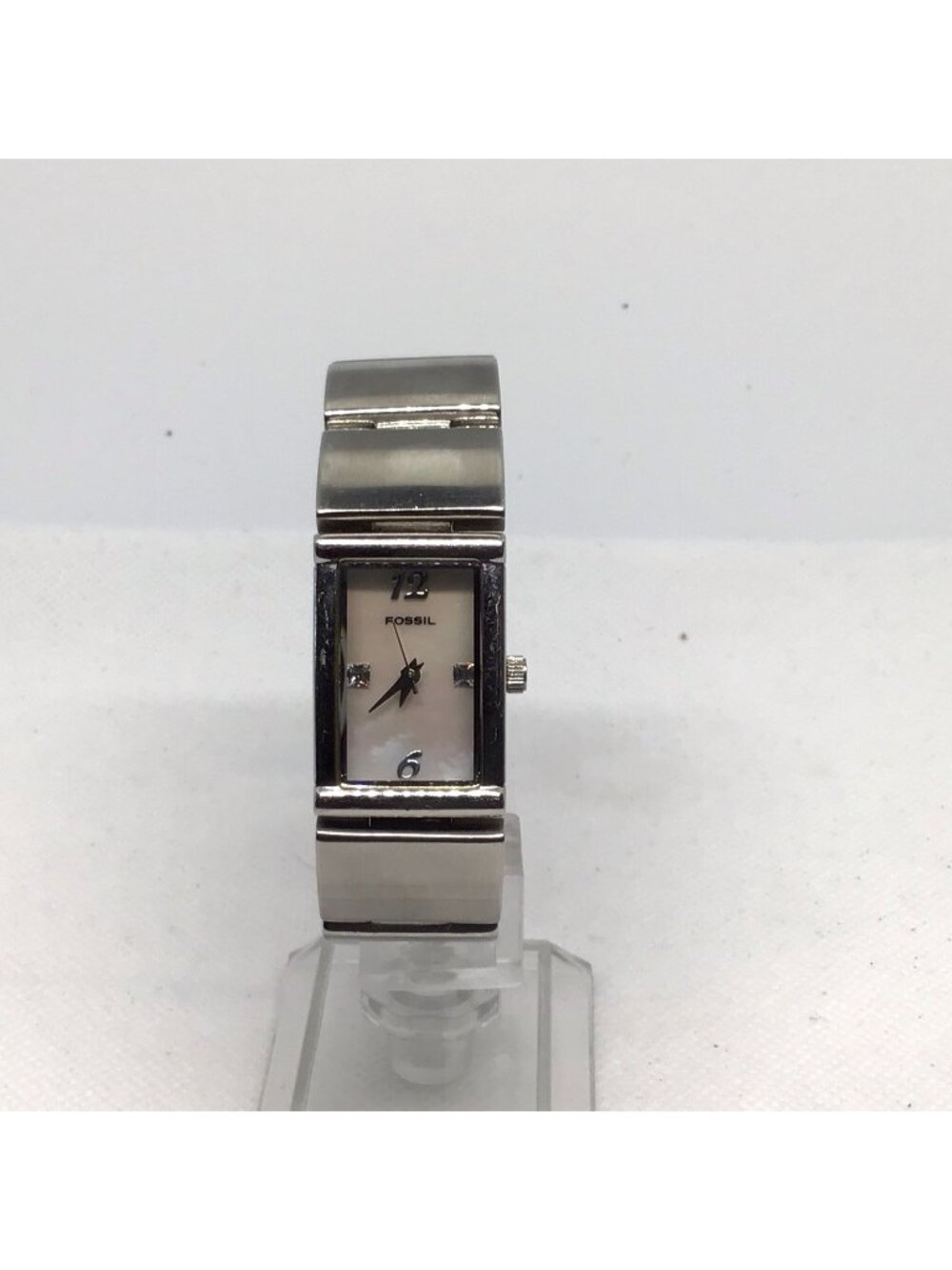Fossil ES1710 Ladies Rectangle Silver Tone Rhinestone Mother of Pearl Watch - Picture 1 of 14